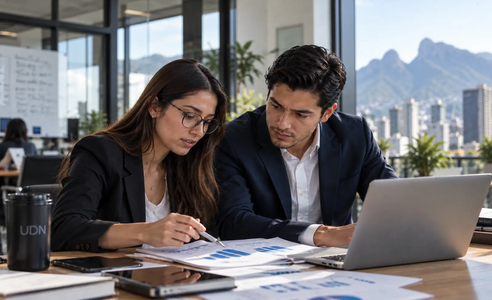 Una mujer y un hombre revisan gráficas de resultados en una oficina con vista a las montañas (imagen generada con IA)