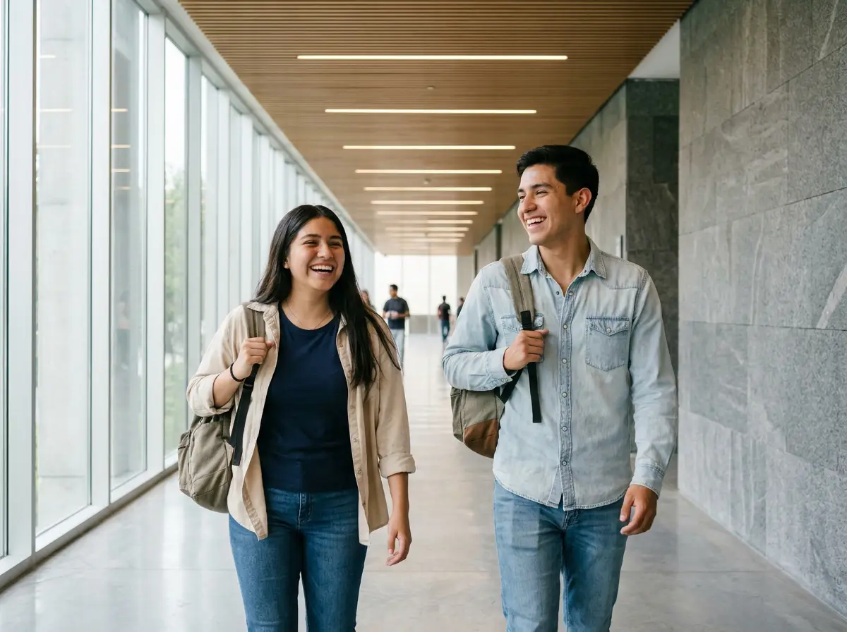 Dos estudiantes con mochila caminan riendo por un pasillo de la universidad (imagen generada con IA)