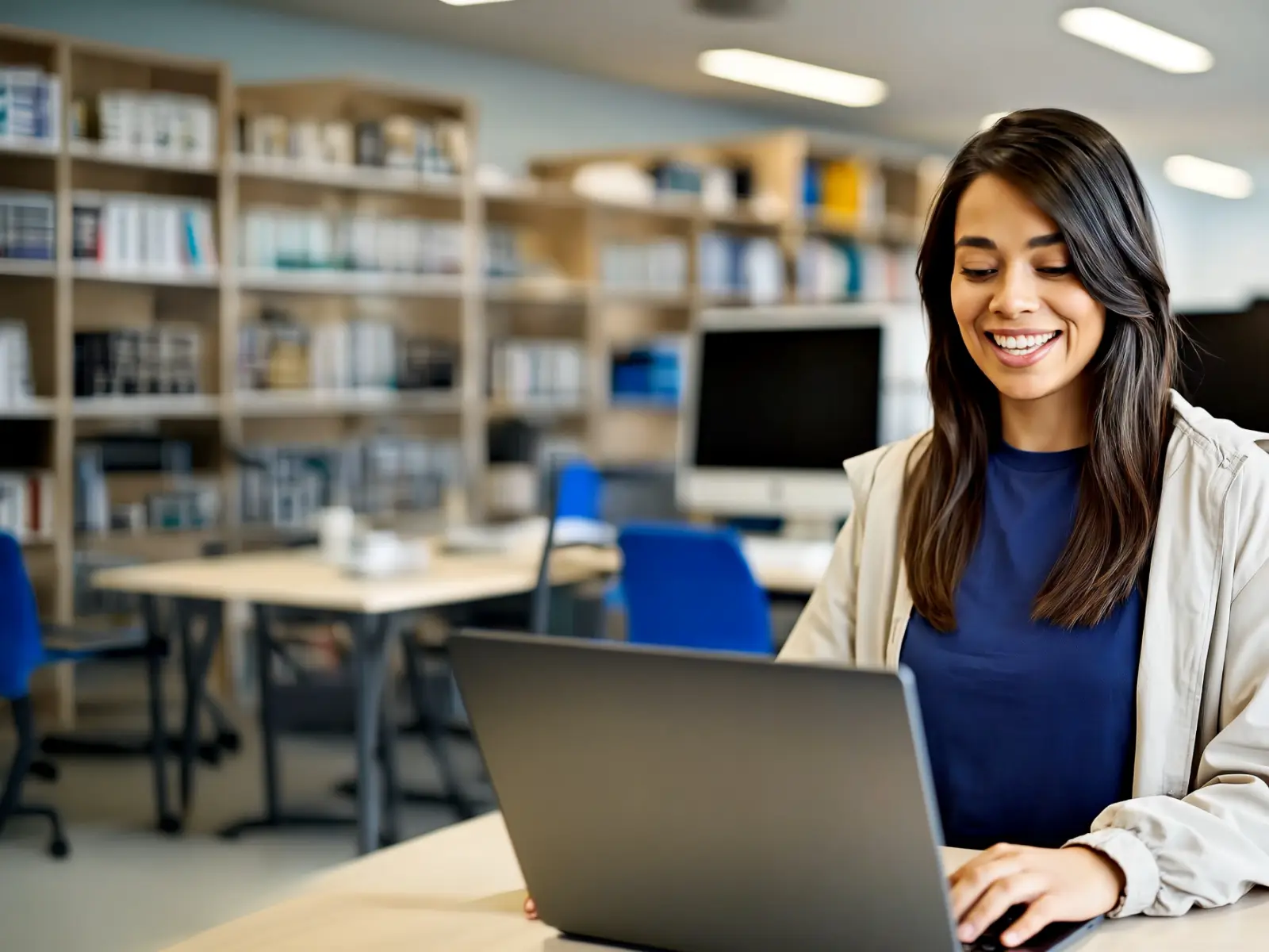 Una joven sonríe frente a su laptop en una biblioteca (imagen generada con IA)